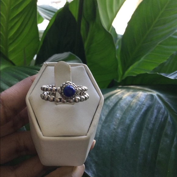 PANDORA DOUBLE RINGS SILVER BLUE STONE - Picture 3 of 3